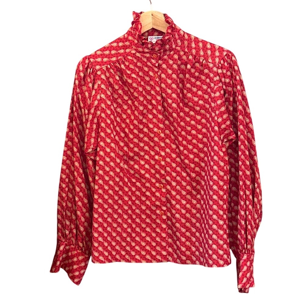 80s College Town Blouse Paisley Ruffle Neck Secretary Vintage Red Top